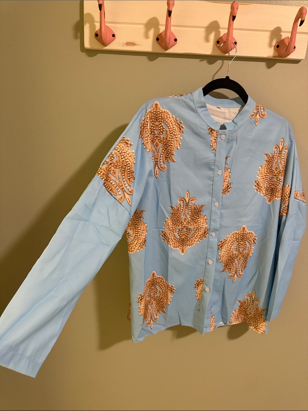 Light Blue Button-Front Shirt with Gold Paisley Embroidery